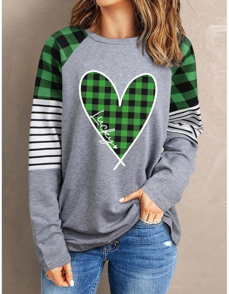 Green Lucky Plaid Heart Striped Color Block Long Sleeve Top