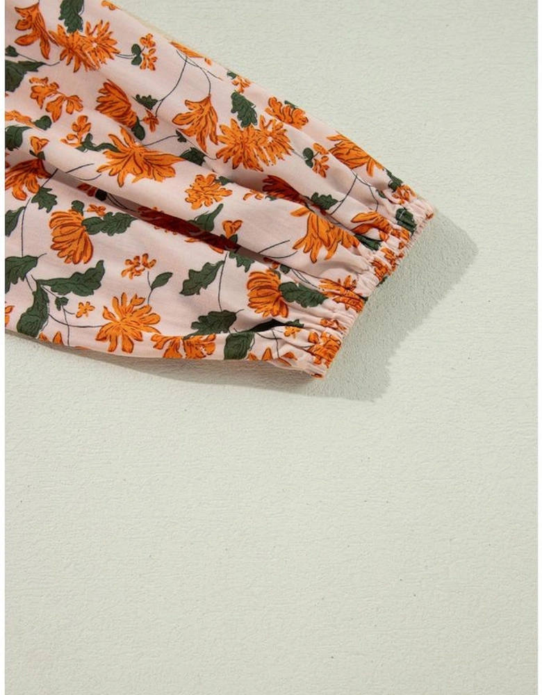 Beige Floral Deep V Neck Smocked Bust Bubble Sleeve Babydoll Dress