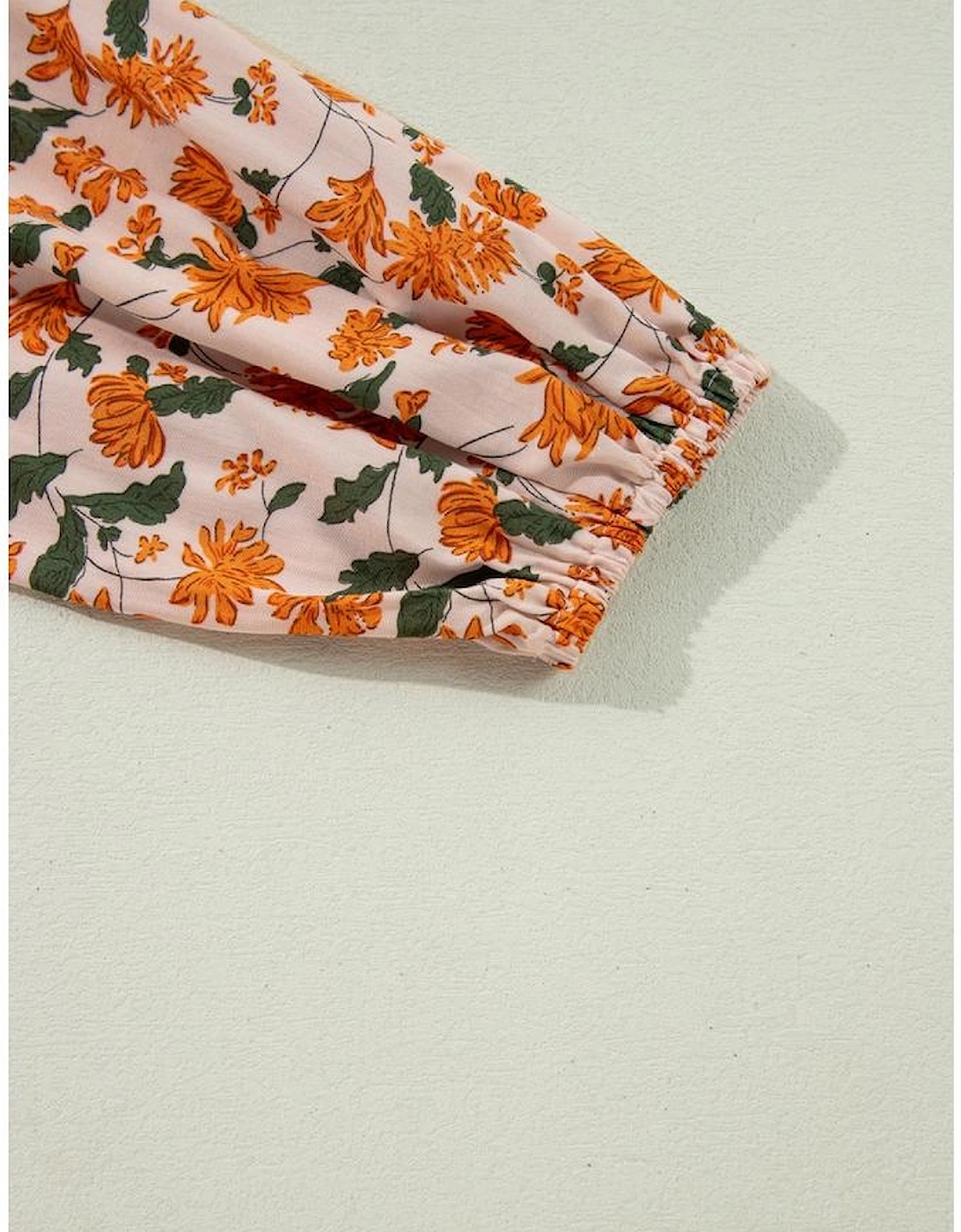 Beige Floral Deep V Neck Smocked Bust Bubble Sleeve Babydoll Dress