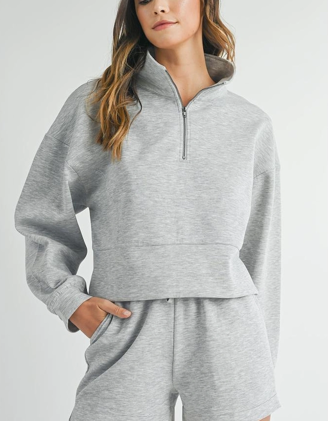 Light Grey Stand Neck Zipped Sweatshirt and Shorts Set