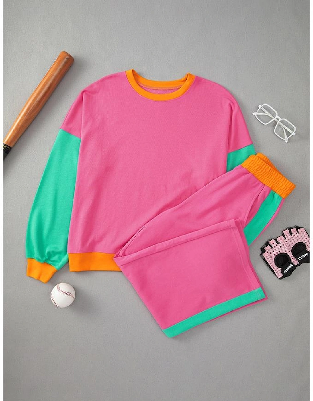 Rose Red 2pcs Color Block Pullover Loose Pant Set