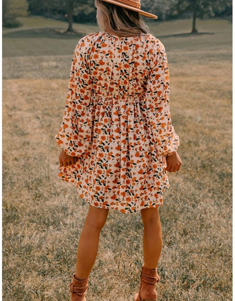 Beige Floral Deep V Neck Smocked Bust Bubble Sleeve Babydoll Dress