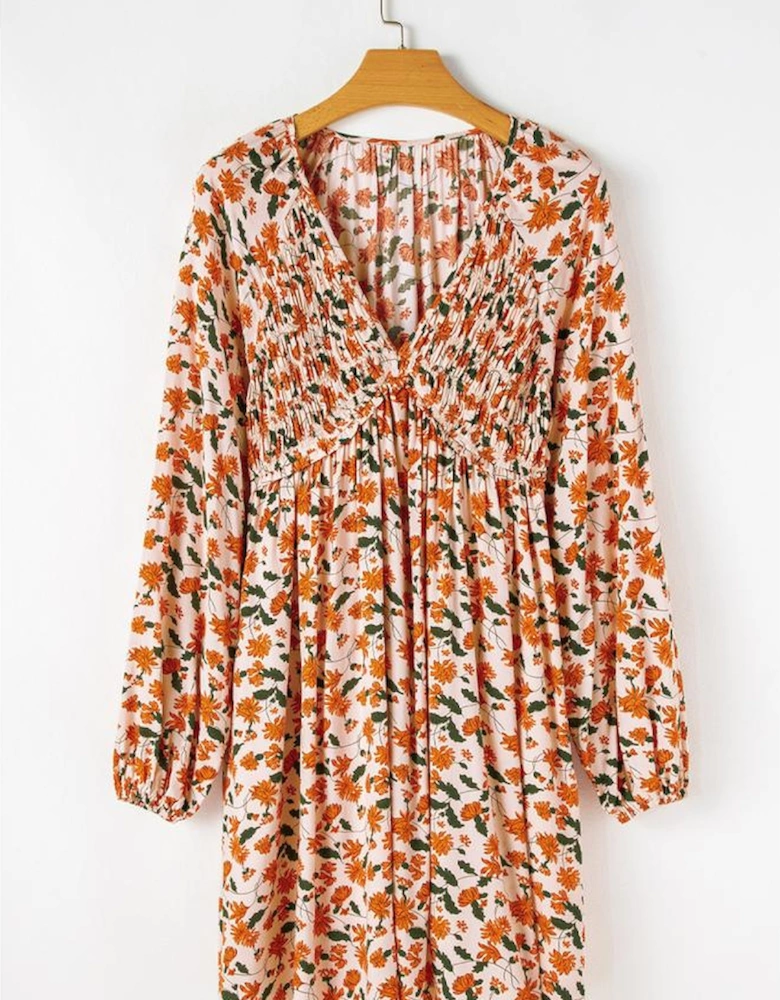 Beige Floral Deep V Neck Smocked Bust Bubble Sleeve Babydoll Dress