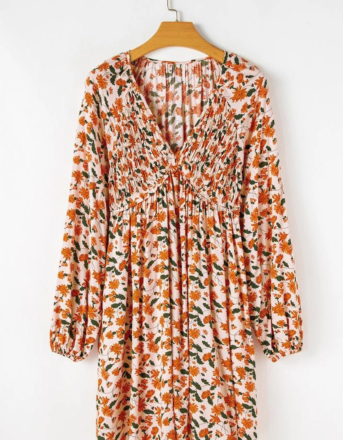 Beige Floral Deep V Neck Smocked Bust Bubble Sleeve Babydoll Dress