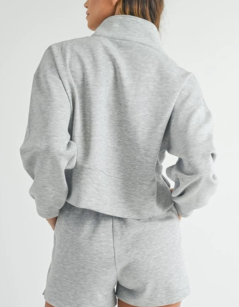 Light Grey Stand Neck Zipped Sweatshirt and Shorts Set