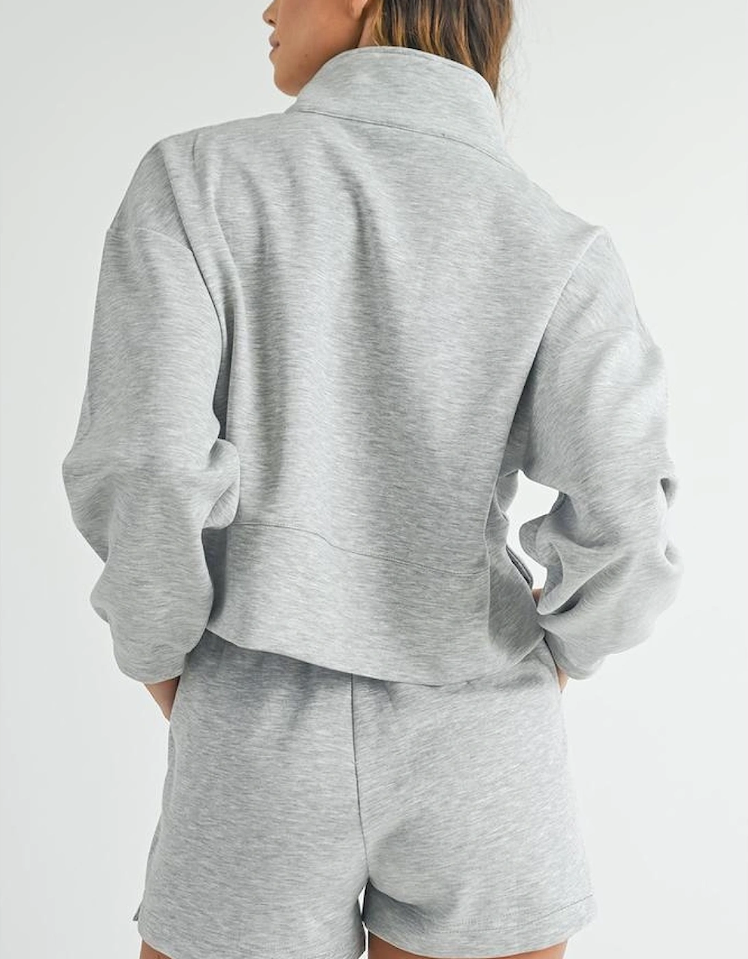 Light Grey Stand Neck Zipped Sweatshirt and Shorts Set