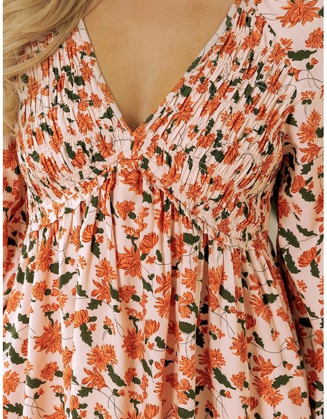 Beige Floral Deep V Neck Smocked Bust Bubble Sleeve Babydoll Dress