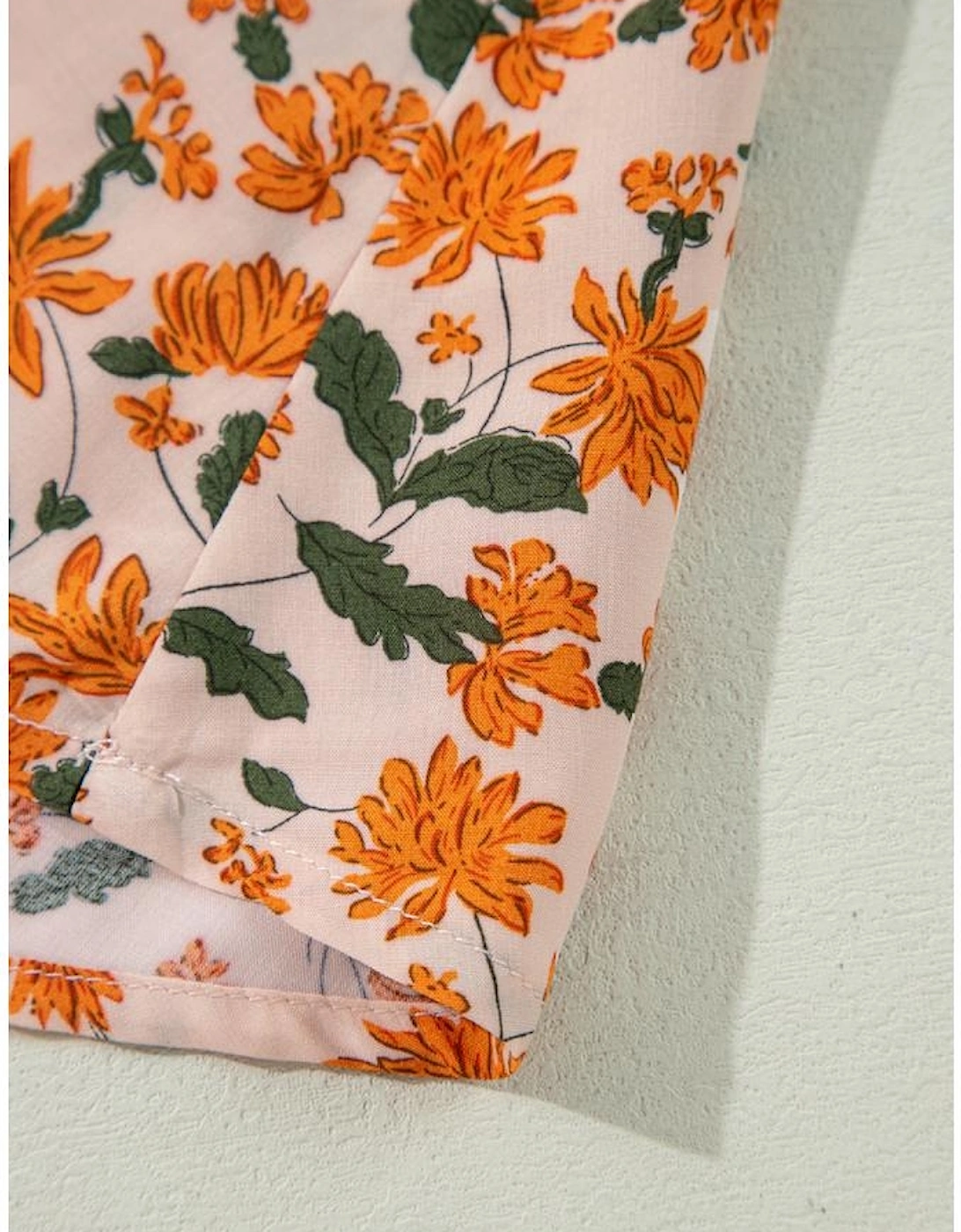 Beige Floral Deep V Neck Smocked Bust Bubble Sleeve Babydoll Dress