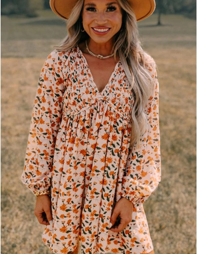 Beige Floral Deep V Neck Smocked Bust Bubble Sleeve Babydoll Dress