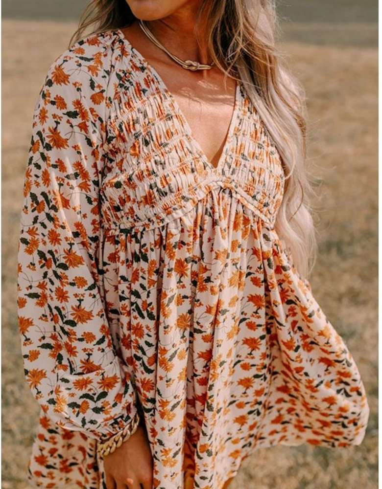 Beige Floral Deep V Neck Smocked Bust Bubble Sleeve Babydoll Dress