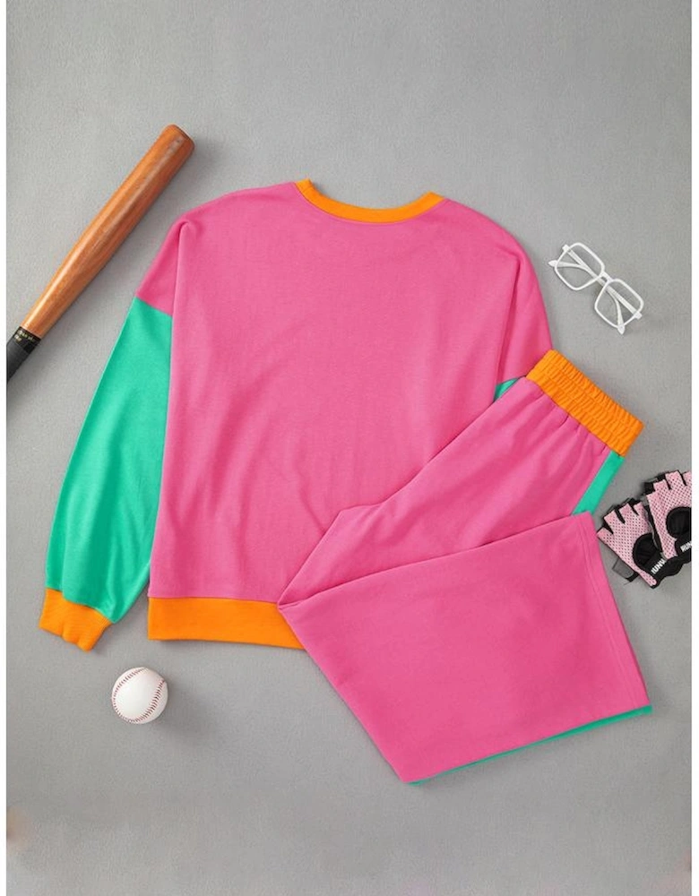 Rose Red 2pcs Color Block Pullover Loose Pant Set