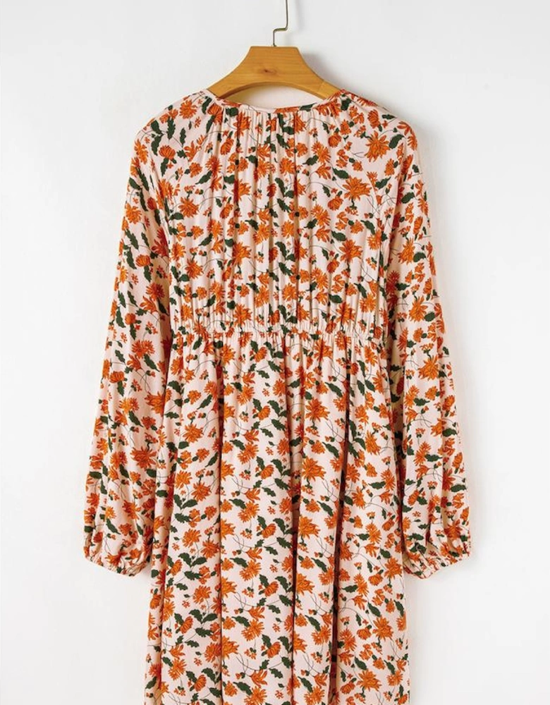 Beige Floral Deep V Neck Smocked Bust Bubble Sleeve Babydoll Dress