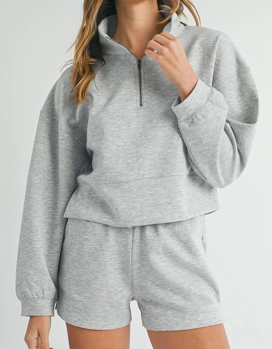 Light Grey Stand Neck Zipped Sweatshirt and Shorts Set