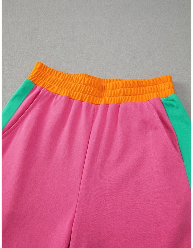 Rose Red 2pcs Color Block Pullover Loose Pant Set