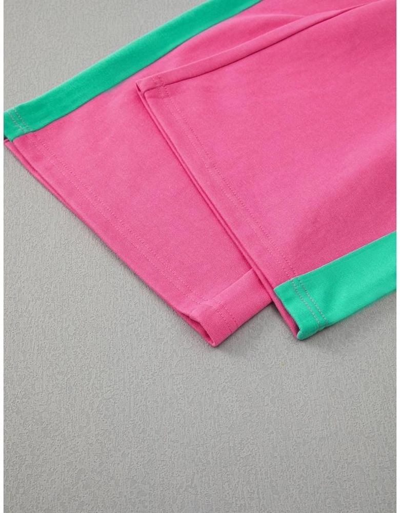 Rose Red 2pcs Color Block Pullover Loose Pant Set