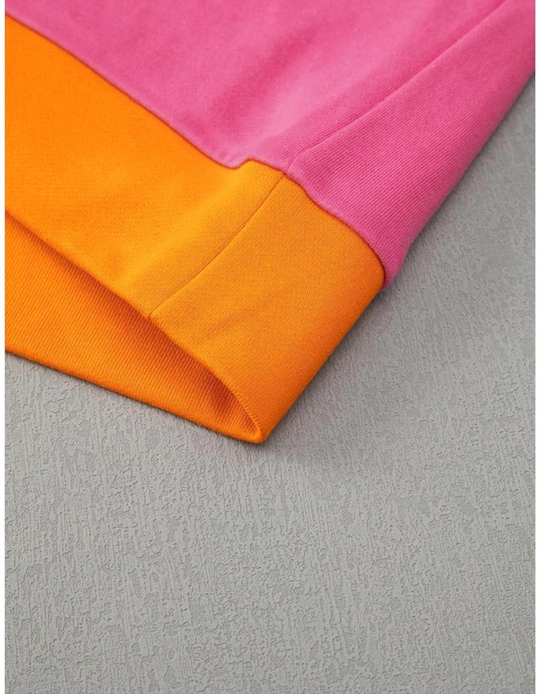 Rose Red 2pcs Color Block Pullover Loose Pant Set