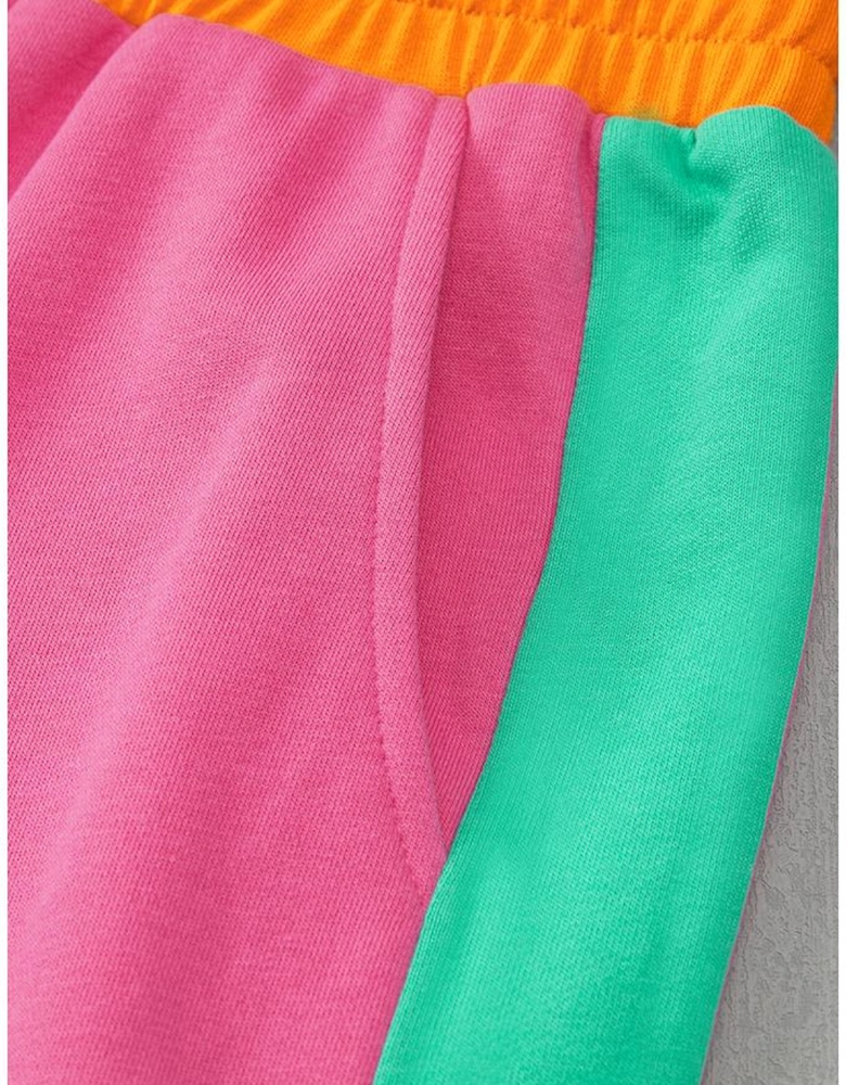 Rose Red 2pcs Color Block Pullover Loose Pant Set