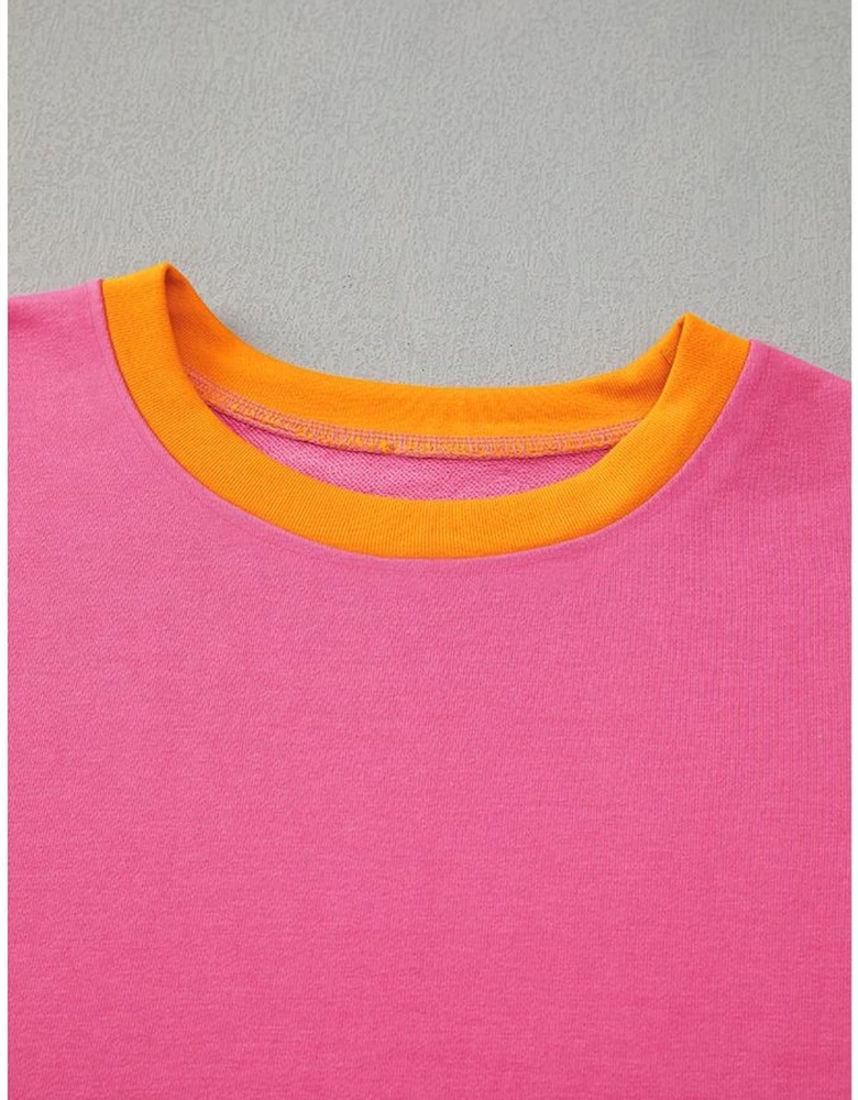 Rose Red 2pcs Color Block Pullover Loose Pant Set