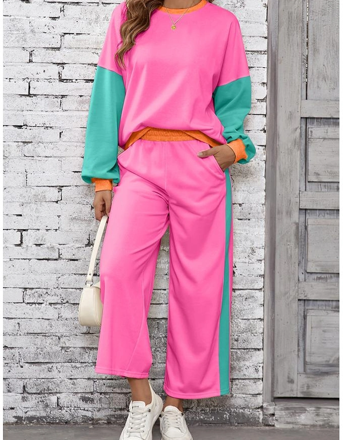 Rose Red 2pcs Color Block Pullover Loose Pant Set