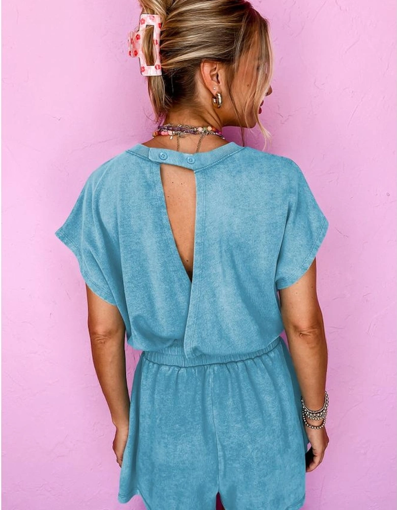 Mist Blue Mineral Wash Drawstring Waist Hollow Out Back Short Sleeve Romper