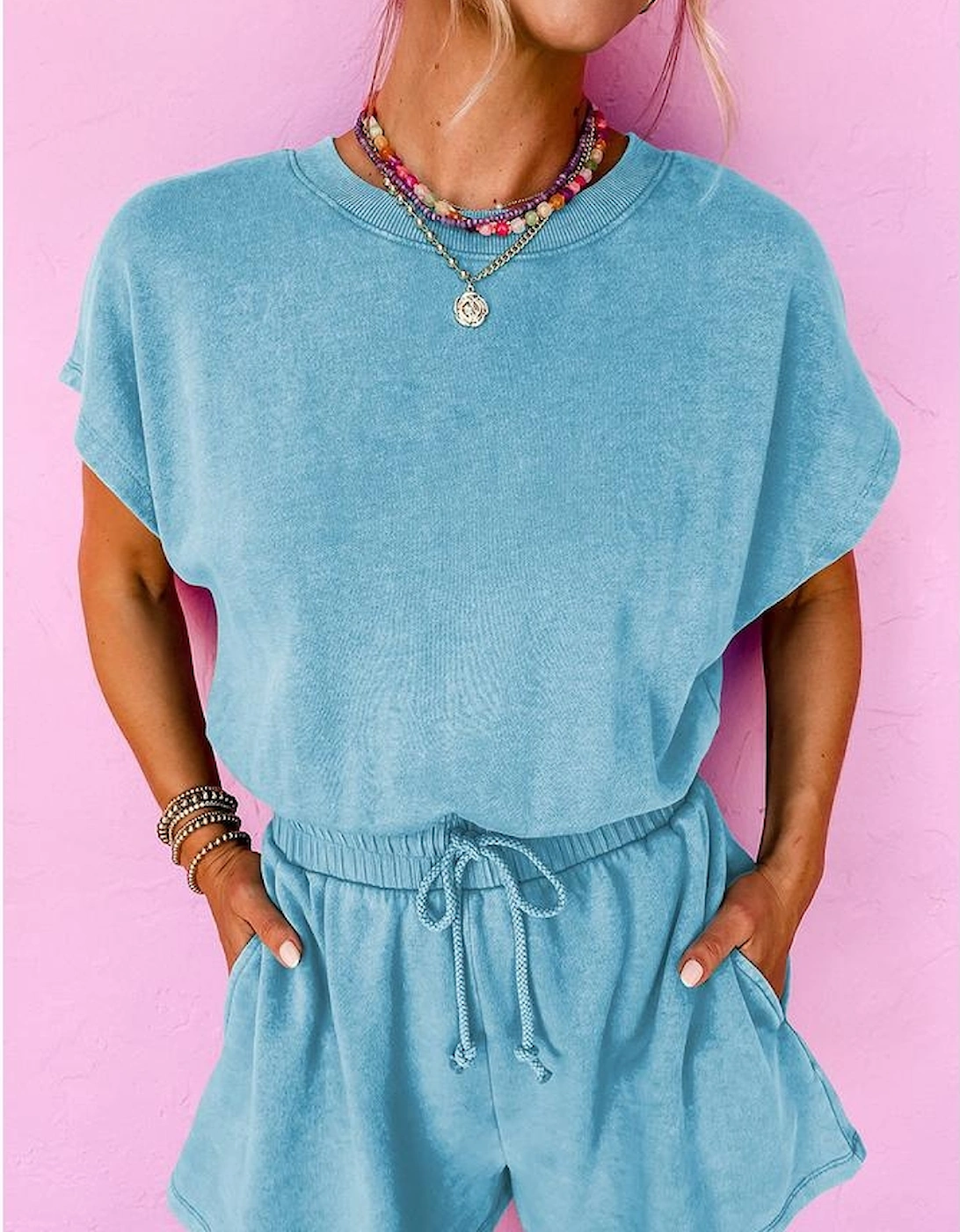 Mist Blue Mineral Wash Drawstring Waist Hollow Out Back Short Sleeve Romper, 10 of 9