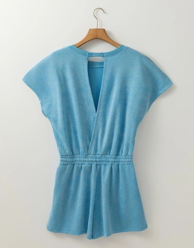 Mist Blue Mineral Wash Drawstring Waist Hollow Out Back Short Sleeve Romper