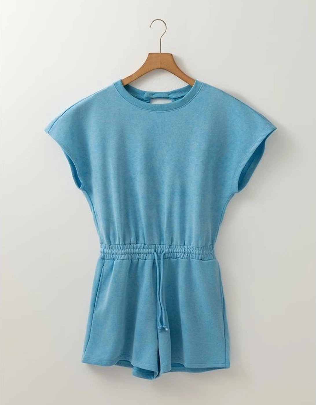 Mist Blue Mineral Wash Drawstring Waist Hollow Out Back Short Sleeve Romper