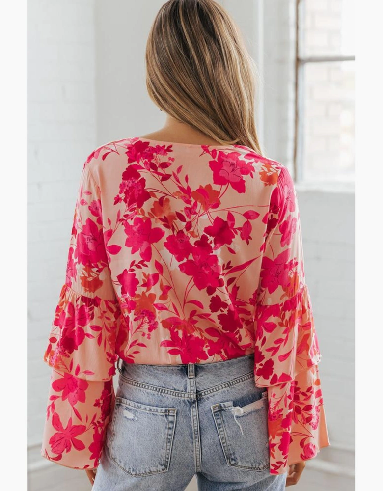 Pink Floral Print Tiered Bell Long Sleeve Buttoned Bodysuit