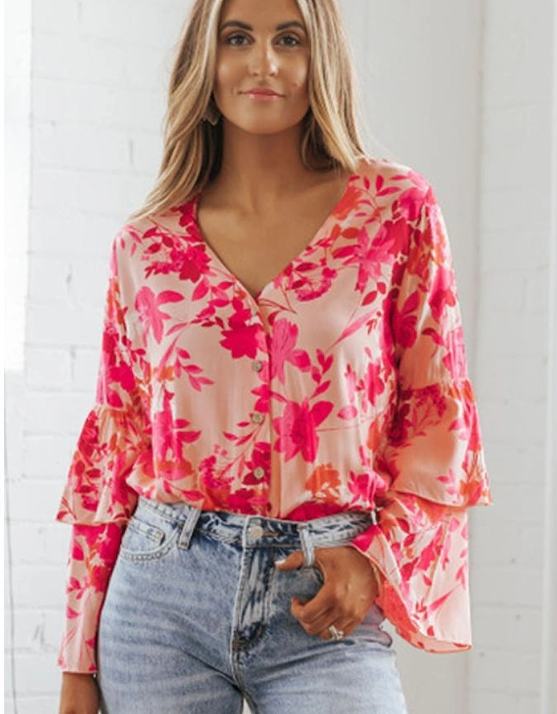 Pink Floral Print Tiered Bell Long Sleeve Buttoned Bodysuit