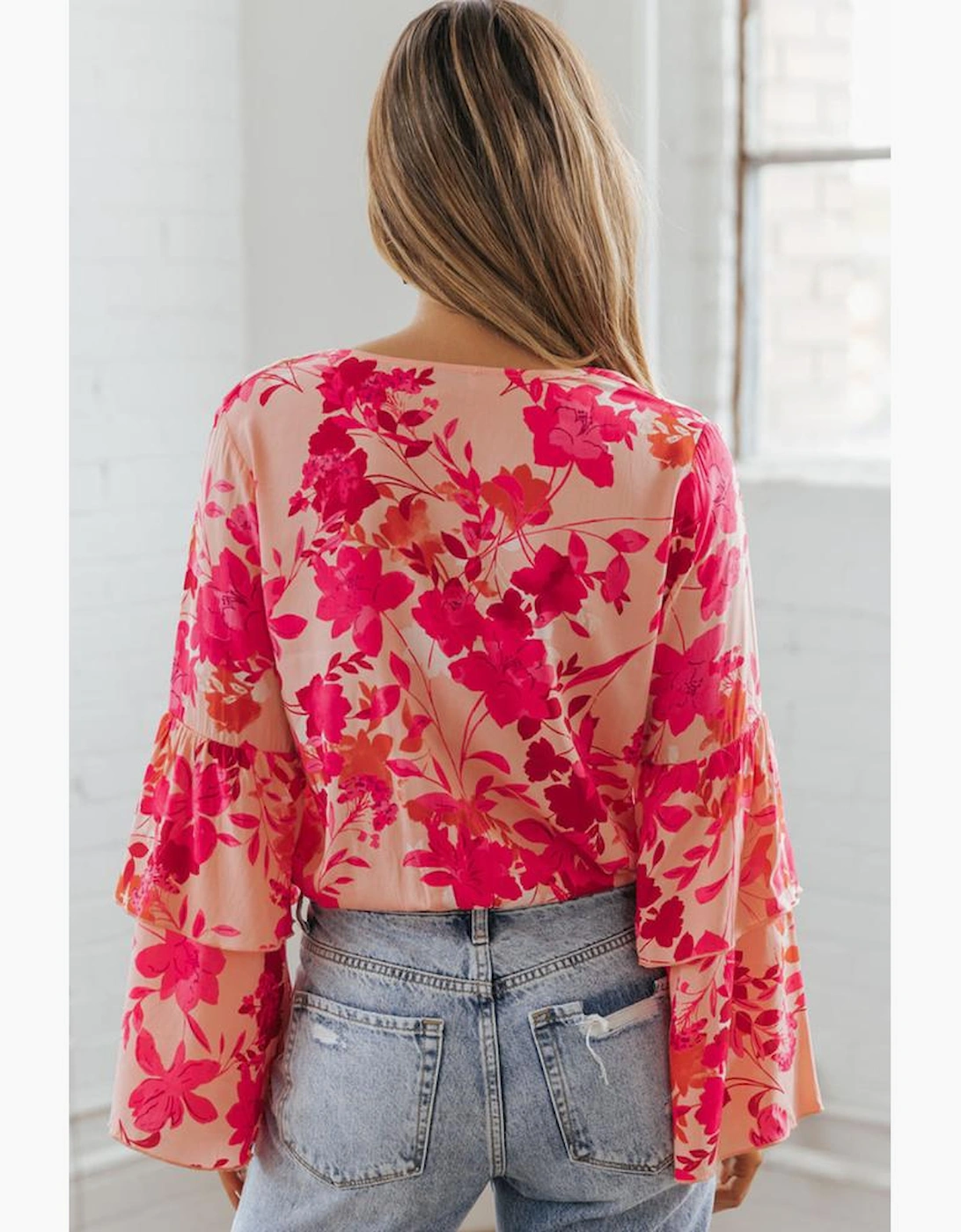 Pink Floral Print Tiered Bell Long Sleeve Buttoned Bodysuit