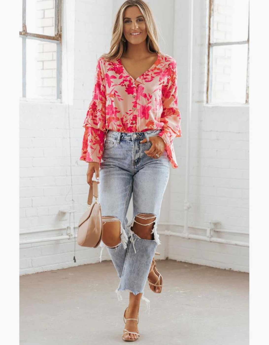 Pink Floral Print Tiered Bell Long Sleeve Buttoned Bodysuit
