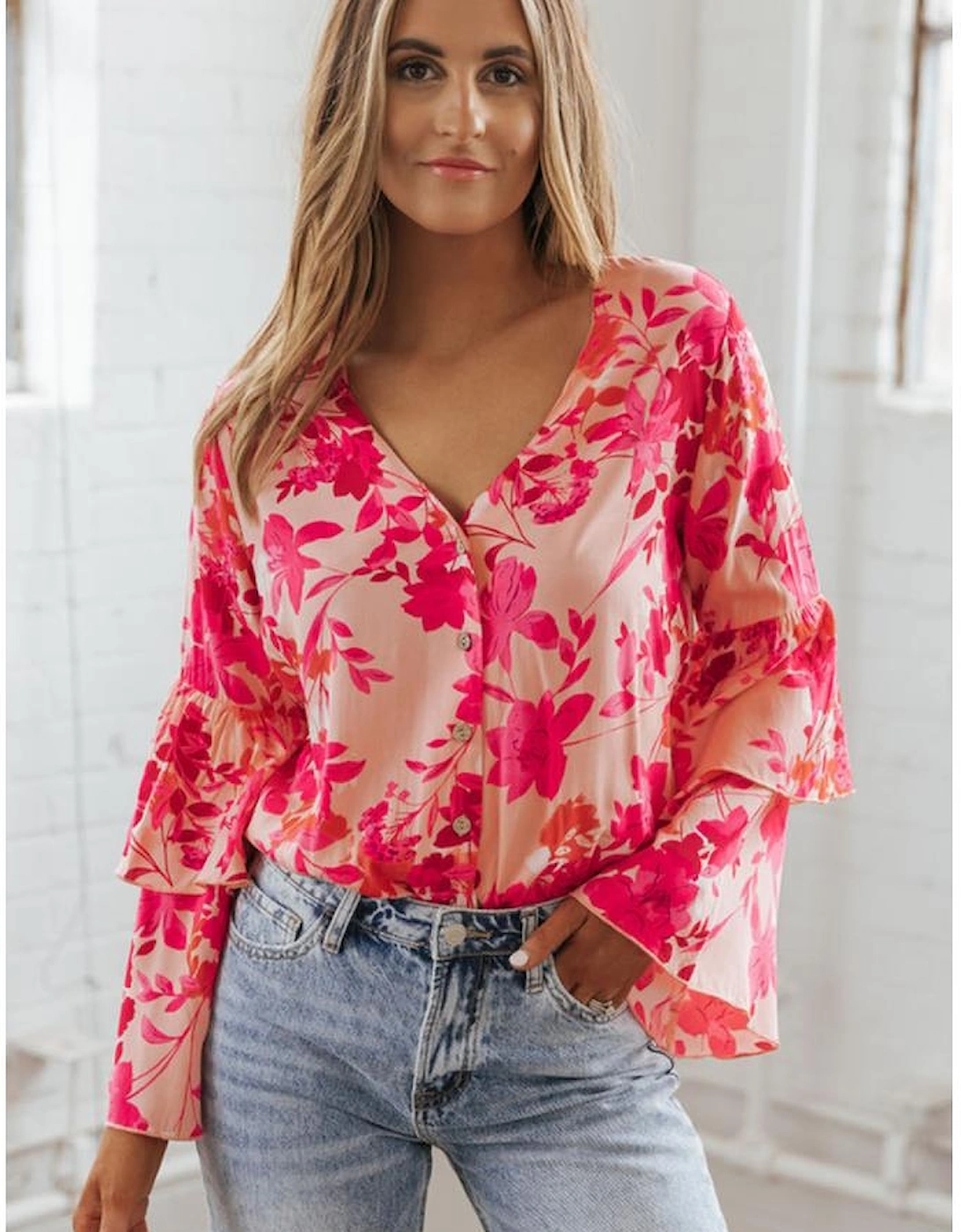Pink Floral Print Tiered Bell Long Sleeve Buttoned Bodysuit