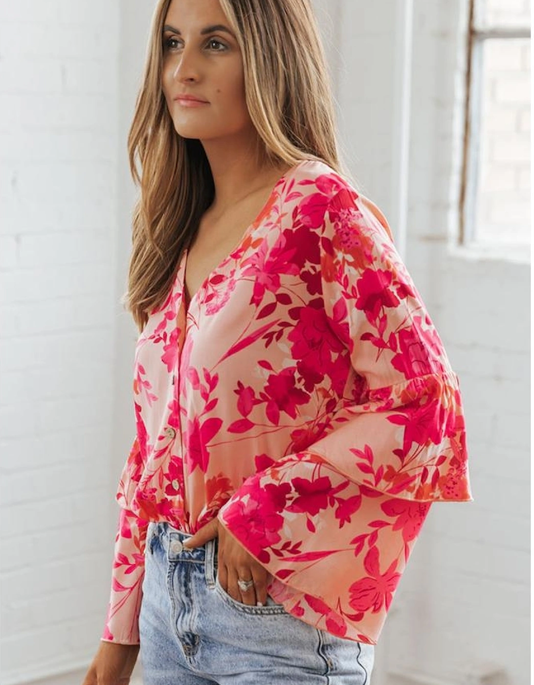 Pink Floral Print Tiered Bell Long Sleeve Buttoned Bodysuit
