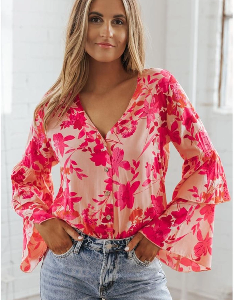 Pink Floral Print Tiered Bell Long Sleeve Buttoned Bodysuit