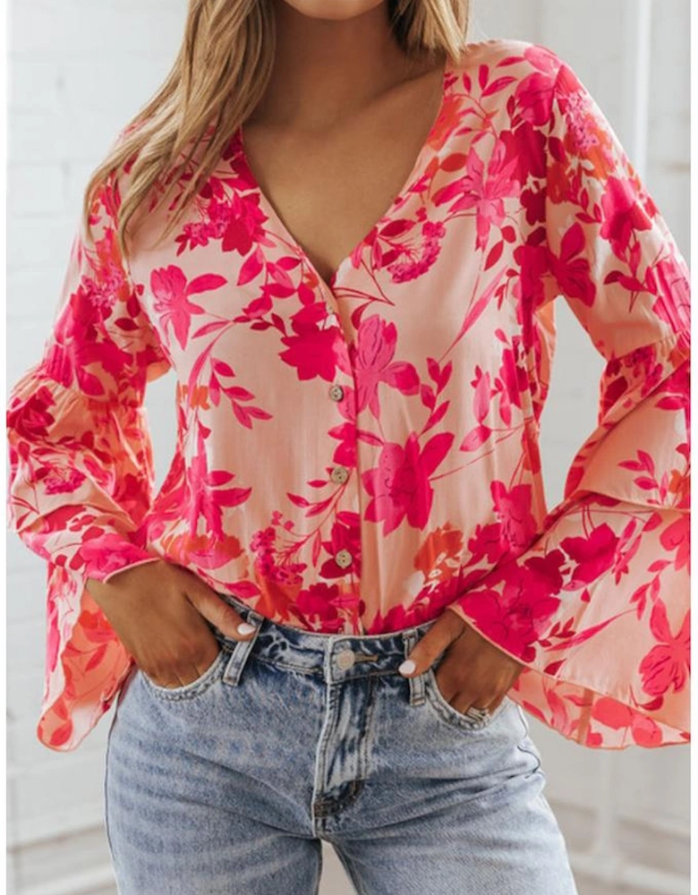Pink Floral Print Tiered Bell Long Sleeve Buttoned Bodysuit