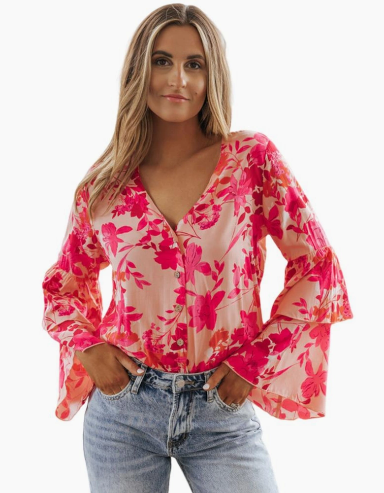 Pink Floral Print Tiered Bell Long Sleeve Buttoned Bodysuit