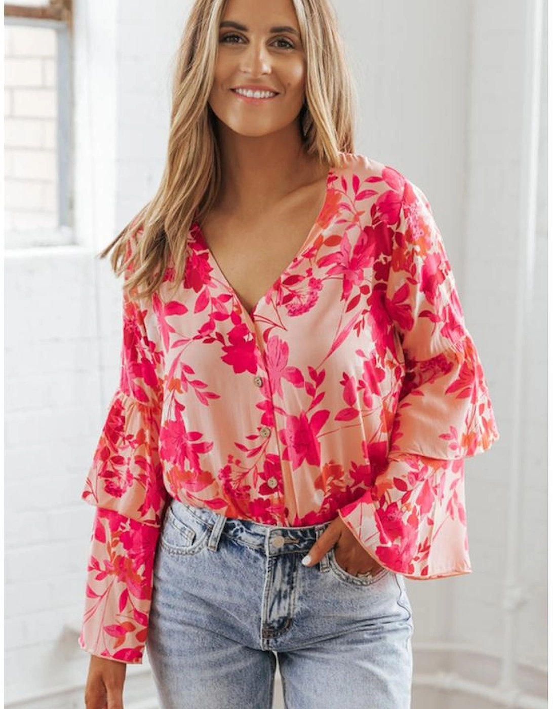 Pink Floral Print Tiered Bell Long Sleeve Buttoned Bodysuit