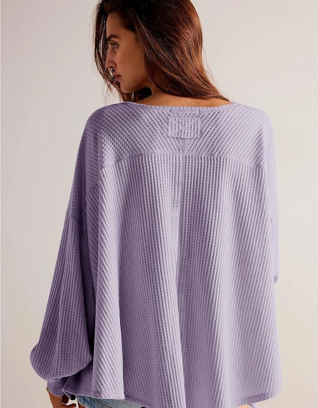Orchid Petal Waffle V Neck Long Sleeve Drop Shoulder Loose Blouse