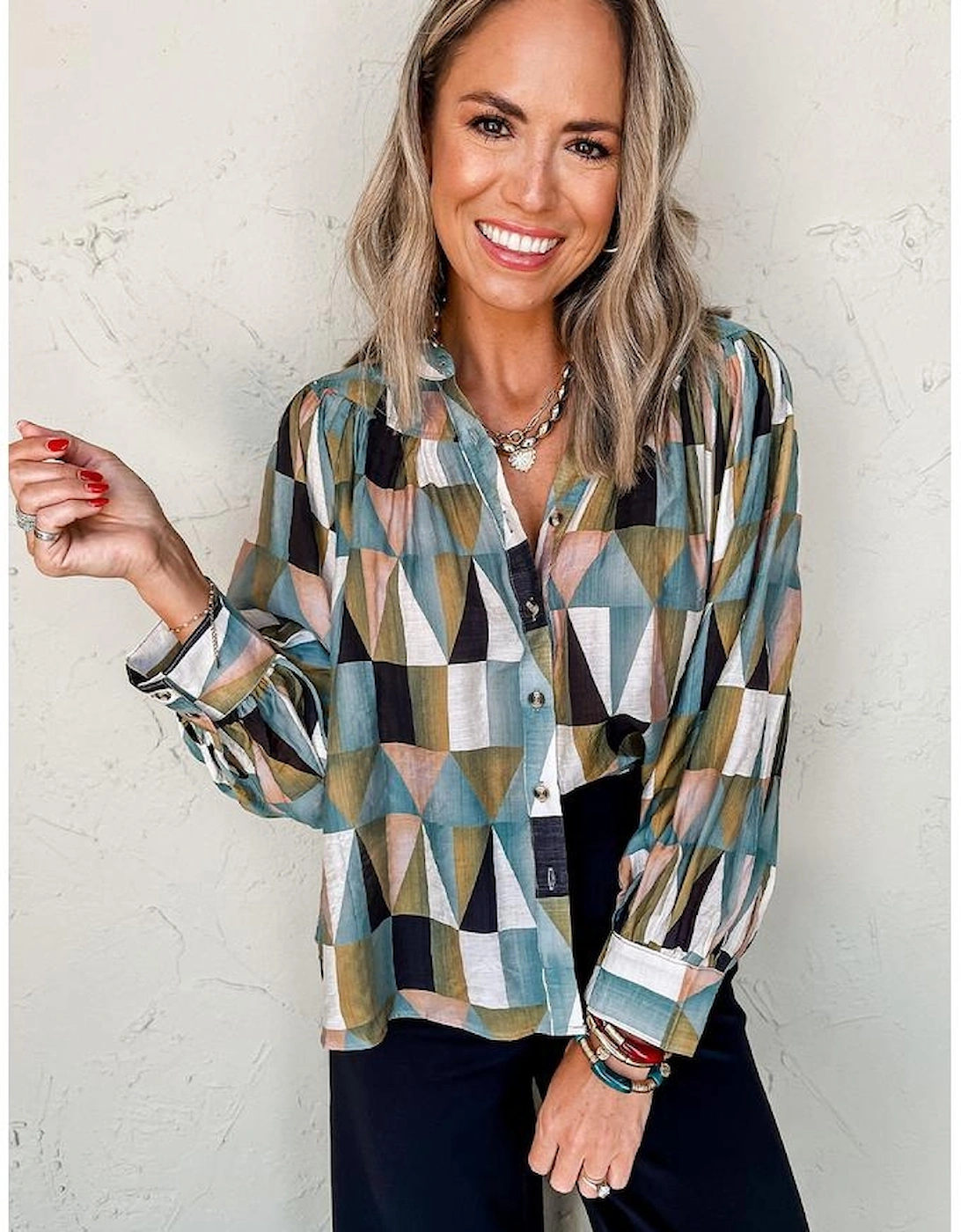 Green Geometric Print Buttoned Balloon Sleeve Loose Fit Shirt