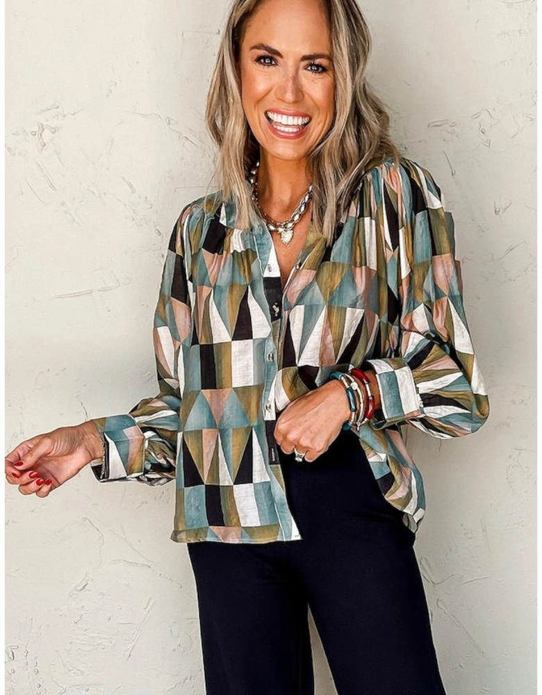 Green Geometric Print Buttoned Balloon Sleeve Loose Fit Shirt