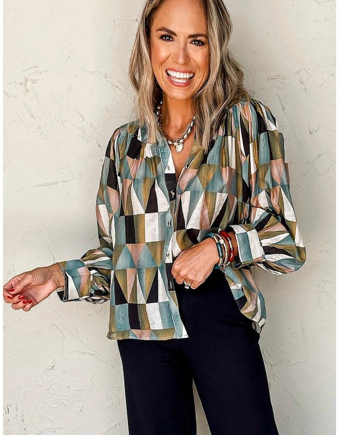 Green Geometric Print Buttoned Balloon Sleeve Loose Fit Shirt, 6 of 5