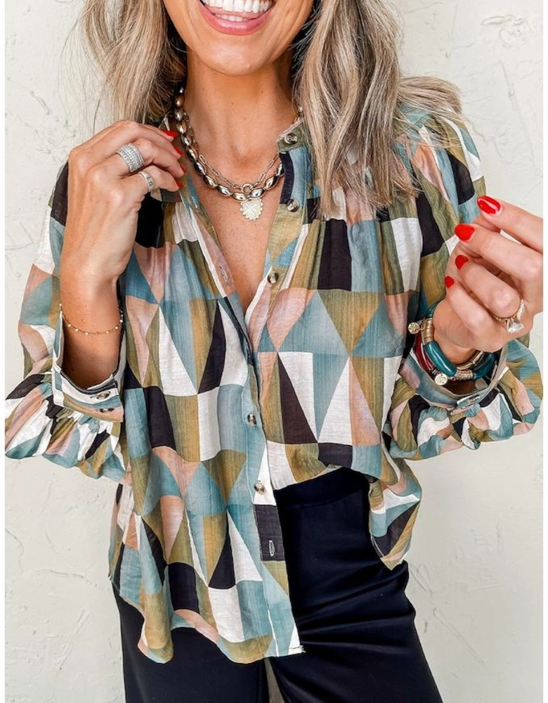 Green Geometric Print Buttoned Balloon Sleeve Loose Fit Shirt