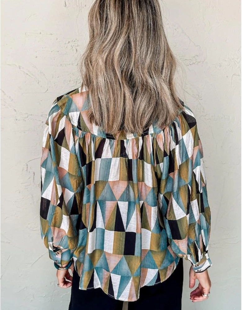 Green Geometric Print Buttoned Balloon Sleeve Loose Fit Shirt