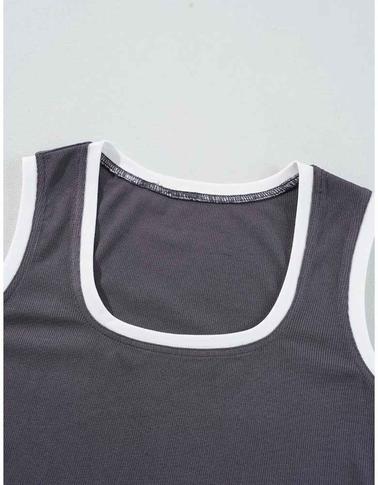 Carbon Grey Ribbed Knit Colorblock Edge U Neck Slim Fit Tank Top