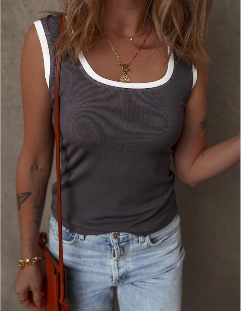 Carbon Grey Ribbed Knit Colorblock Edge U Neck Slim Fit Tank Top