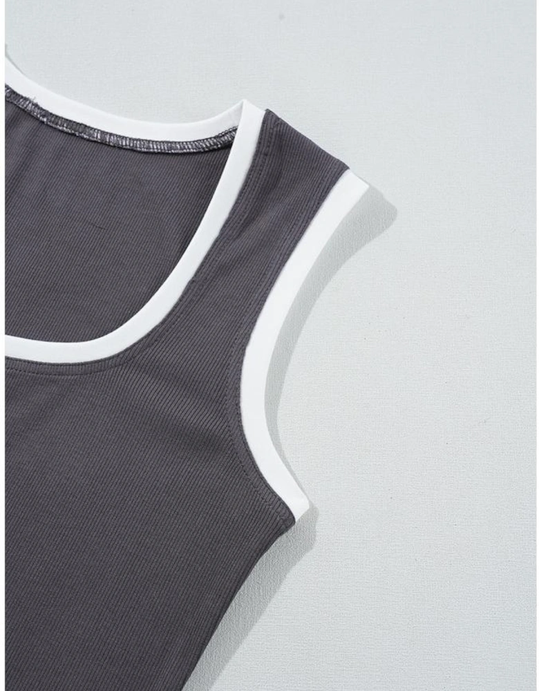 Carbon Grey Ribbed Knit Colorblock Edge U Neck Slim Fit Tank Top
