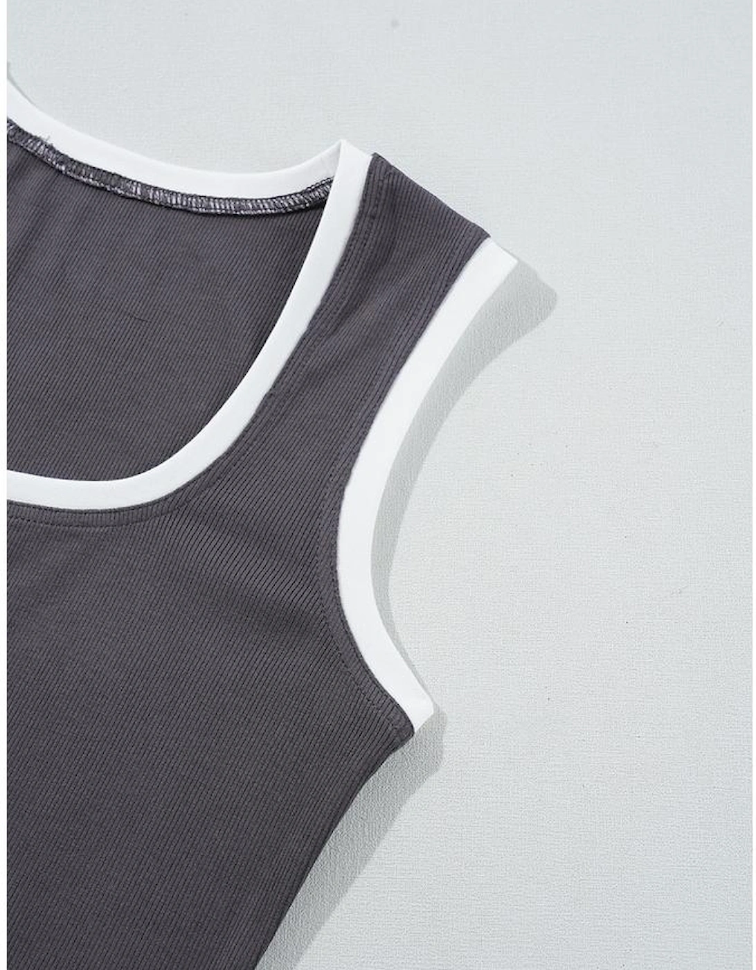 Carbon Grey Ribbed Knit Colorblock Edge U Neck Slim Fit Tank Top
