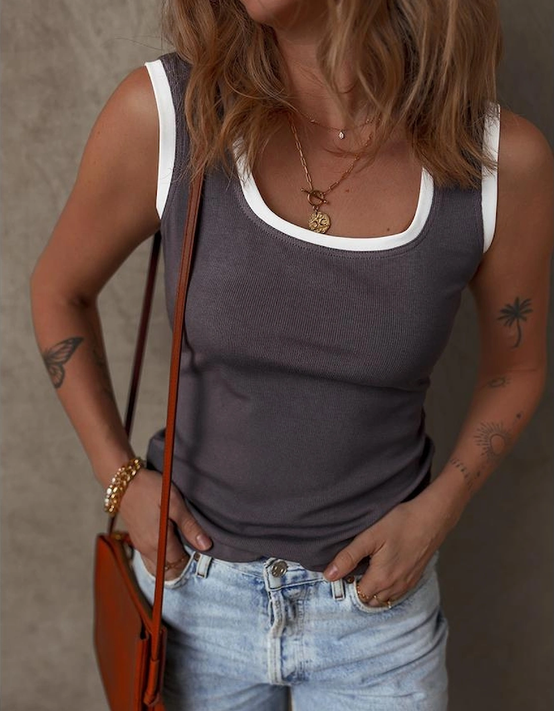 Carbon Grey Ribbed Knit Colorblock Edge U Neck Slim Fit Tank Top