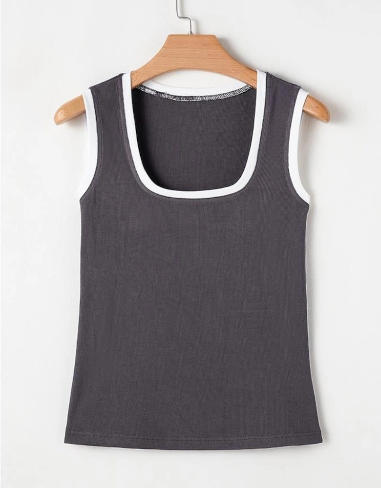 Carbon Grey Ribbed Knit Colorblock Edge U Neck Slim Fit Tank Top