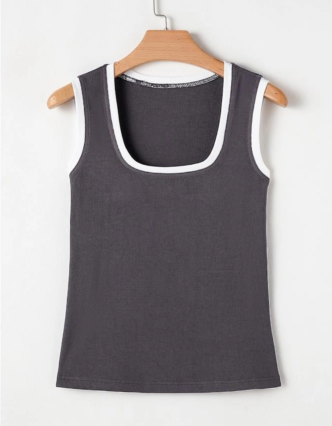 Carbon Grey Ribbed Knit Colorblock Edge U Neck Slim Fit Tank Top